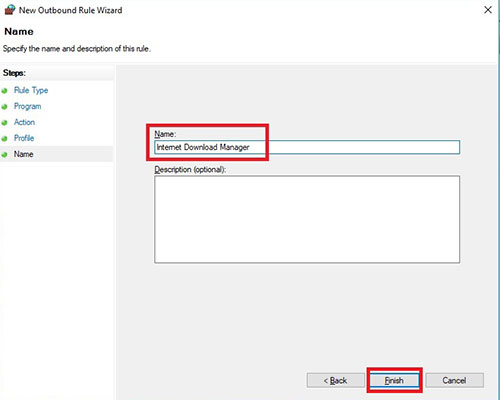 10. In the next step, you must enter a name with the meaning of, for example, the program's name, so that if you later want to access or edit it, you can easily find it in the list of rules. Finally, click the Finish button to complete the process. You will see that this rule has been added to the list of firewall rules, and you can easily access and edit it by double-clicking on it.