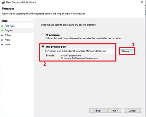 6. On the next page, in the This Program Path section, find the path where your program is installed by clicking the Browse button. Then select the software's EXE file with Internet access.