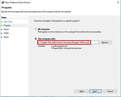 7. After selecting the program path, as you can see in the picture, the address is not fully displayed, and the beginning of the address is marked with an a% sign. Be sure to edit the URL as shown in the figure; otherwise, the settings will not be applied correctly. Finally, click the Next button.