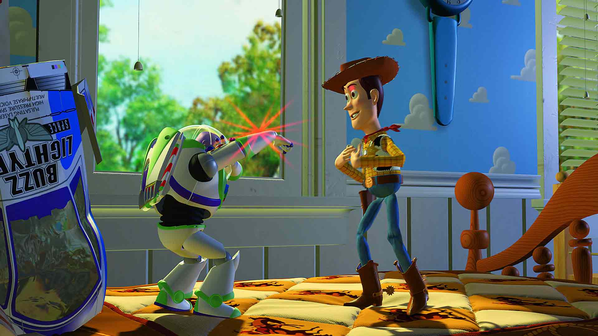 Bazlite and Woody in the room in the toy story animation 1