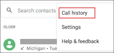 Call History option in Google Phone app