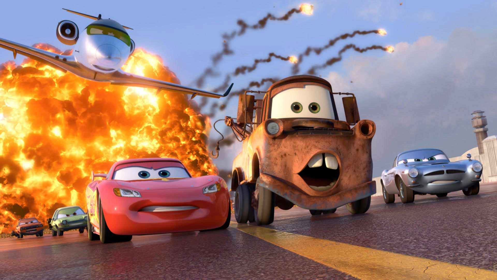 Mater is running away from the pursuers in the car animation
