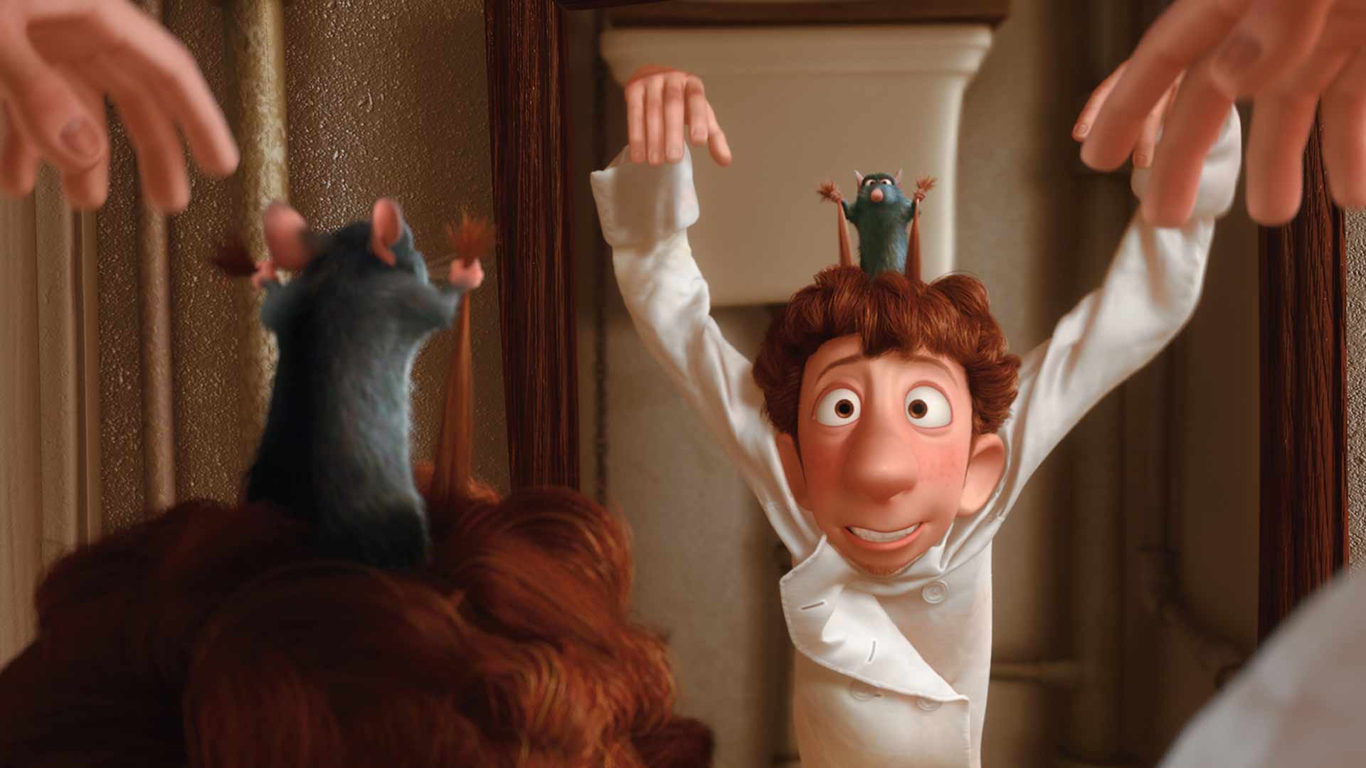 Mouse and Man in Front of the Mirror in Chef Mouse Animation
