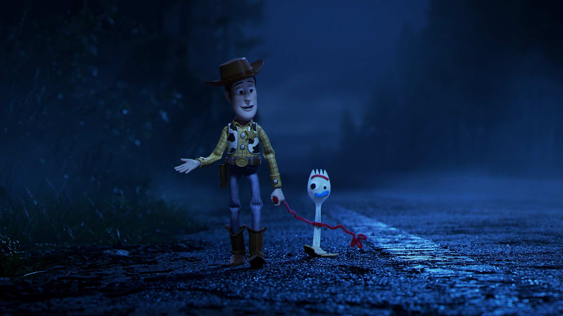 Woody and Fork in the street in the toy story animation 4