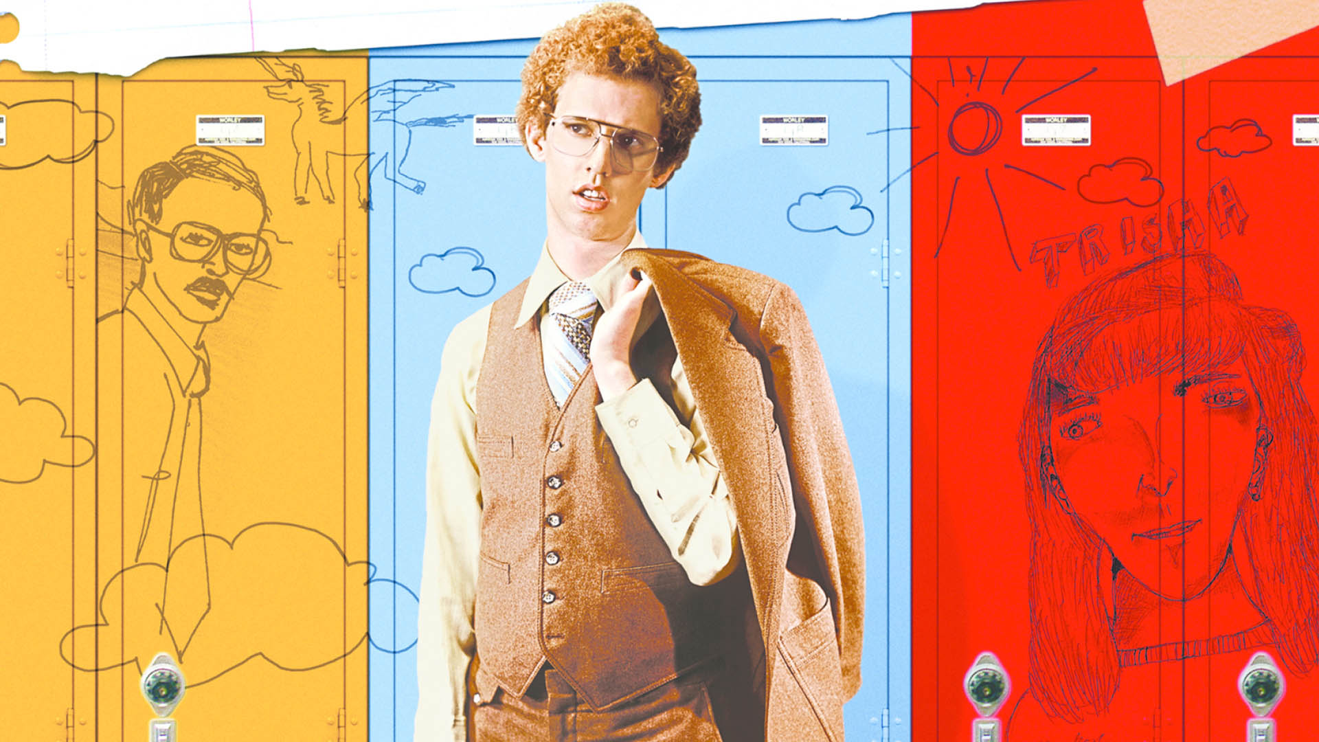 Napoleon Dynamite film cover in blue, yellow and red with its main character