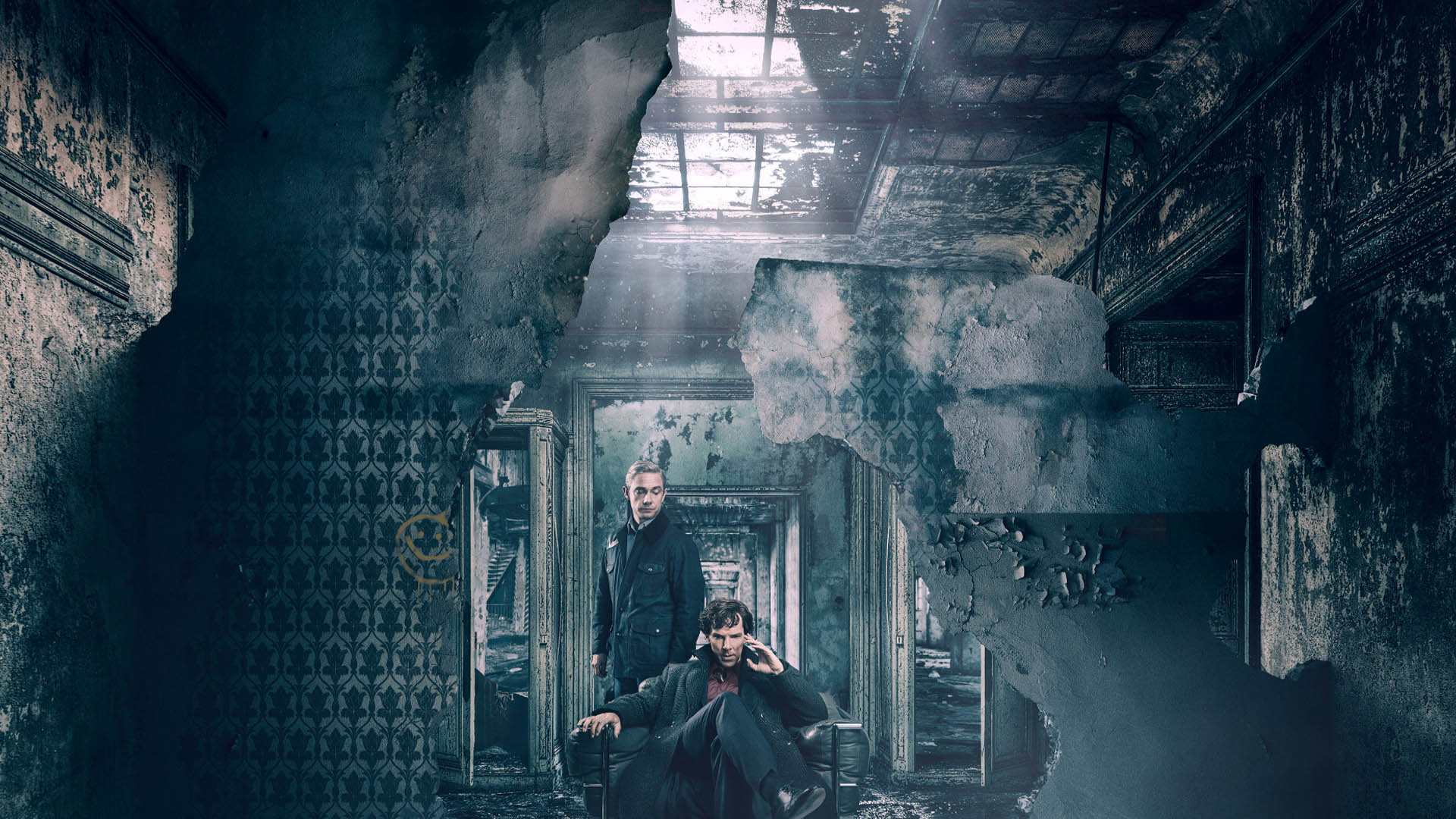 Sherlock Holmes and Dr. Watson in a dilapidated house in the Sherlock series