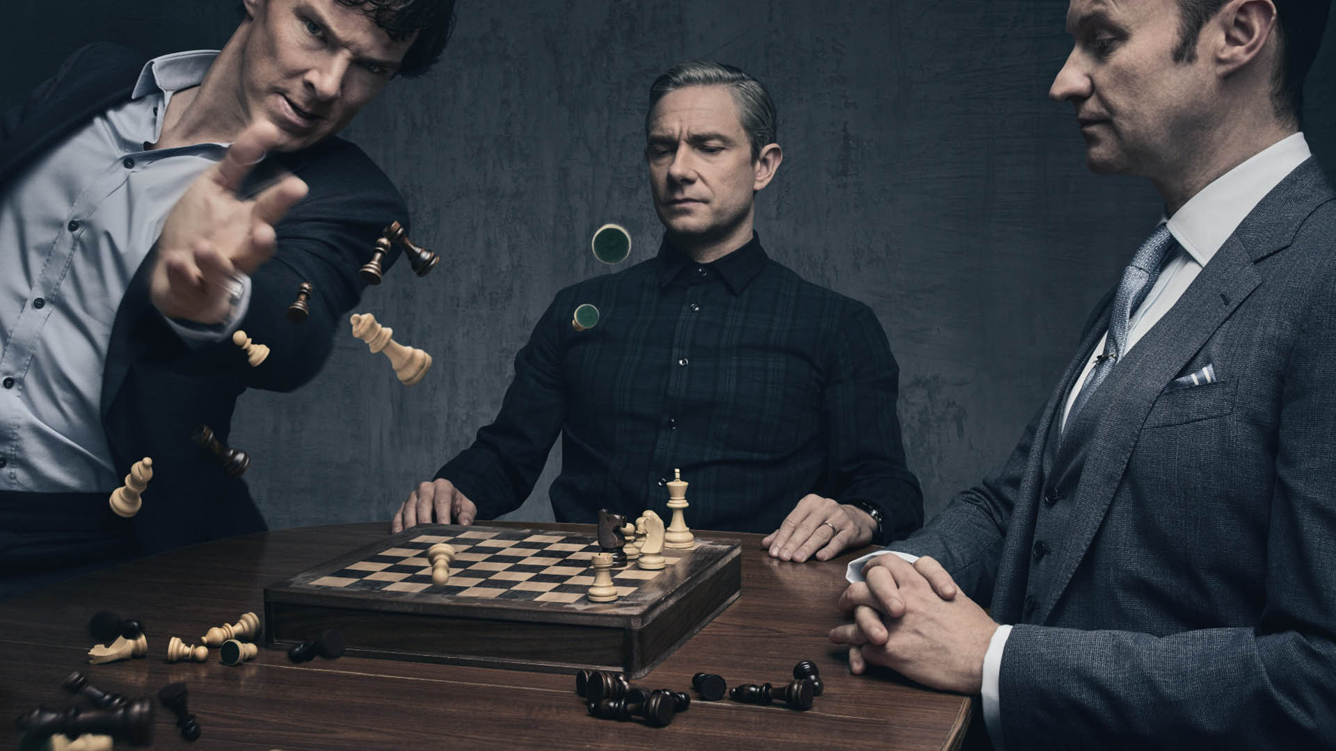 The main characters of the Sherlock series are playing chess