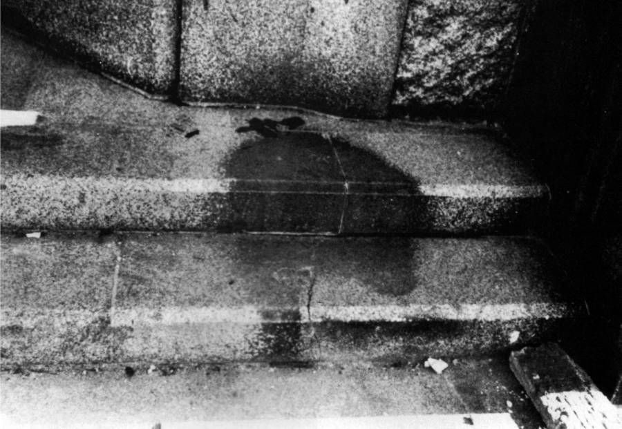 The shadow of a man in Hiroshima shortly after being hit by an atomic bomb