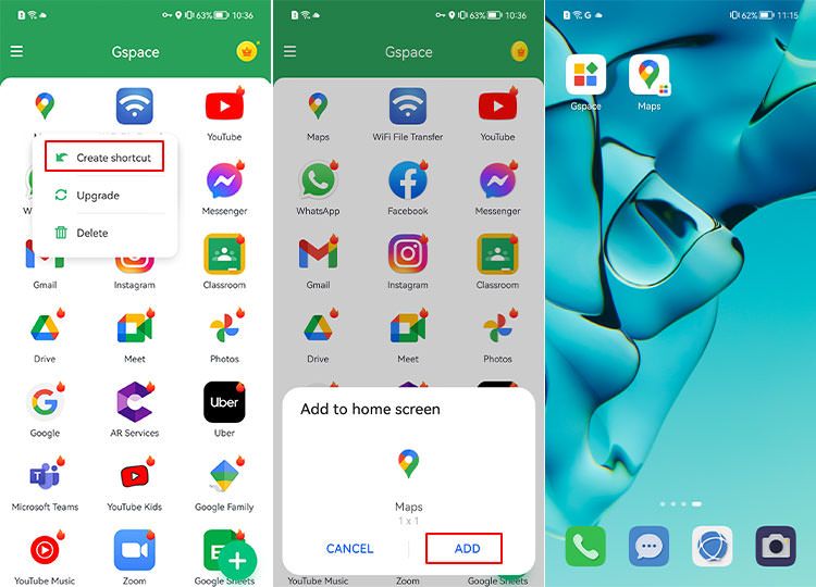 Add an app shortcut from GSpace to the Home screen