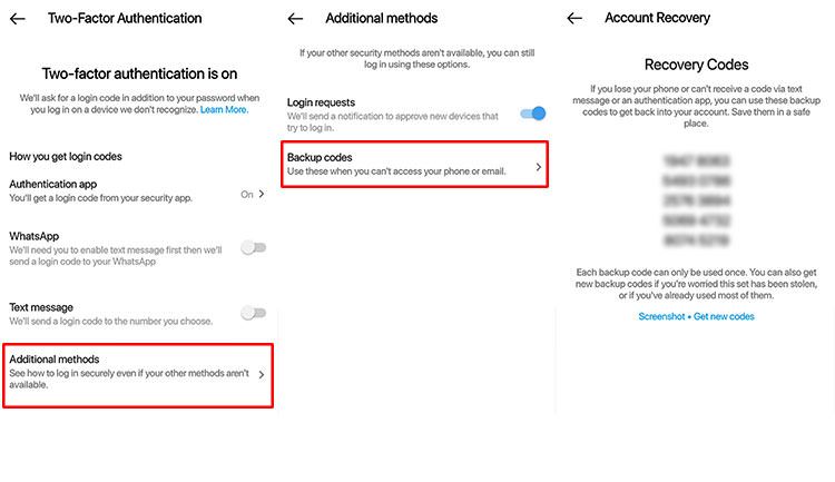 Backing up Instagram 2-step verification recovery codes