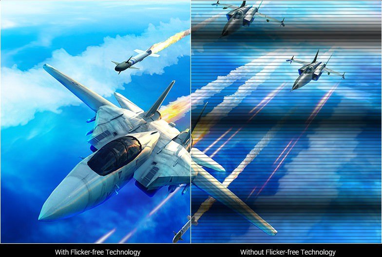 Compare the fast motion image of a fighter jet on a monitor with Flicker Free feature on the left and without this feature on the right