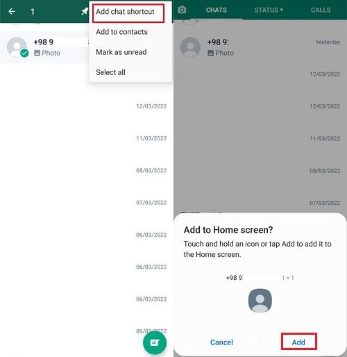 Create shortcuts to WhatsApp contacts via App 1