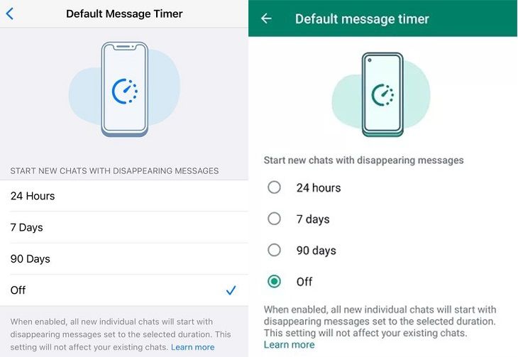Default message timer privacy settings in WhatsApp