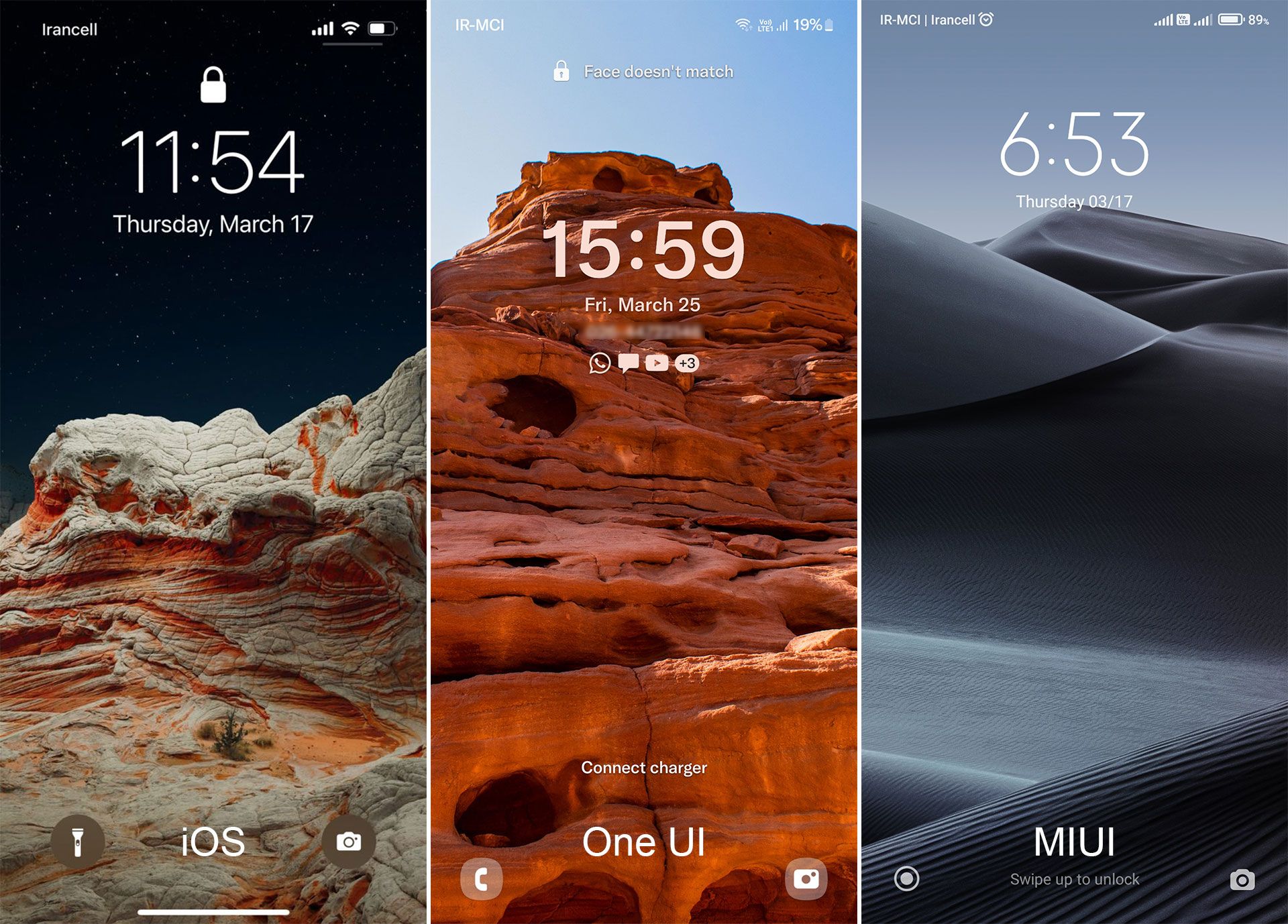Lock screen differences of One UI, MIUI and iOS
