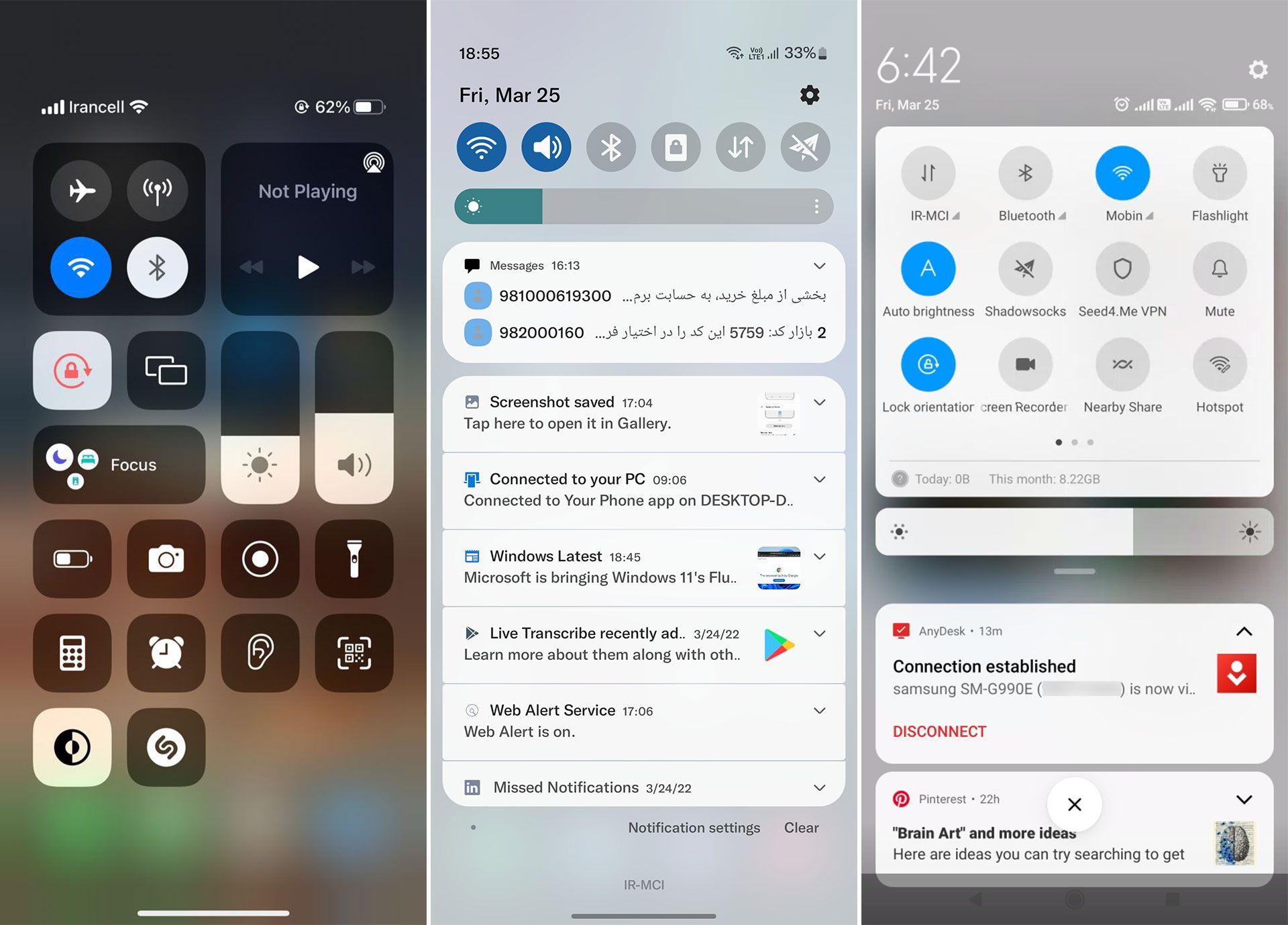 One UI, MIUI and iOS UI Quick Settings Panel Difference