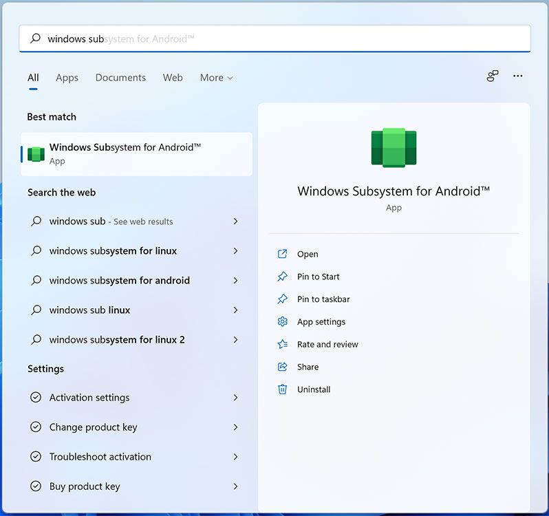 Search result for windows subsystem for android in Windows 11 search