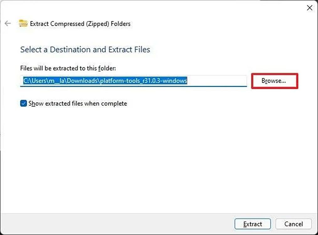 Select the path to extract the platform-tools folder in Windows 11