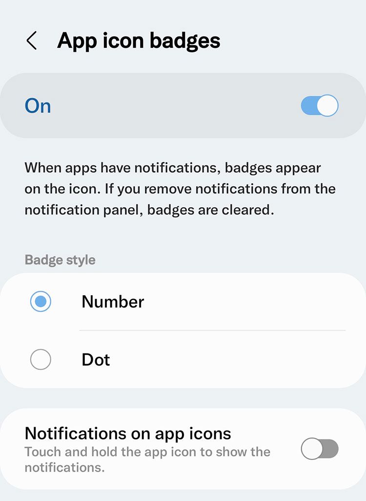 Notifications icon settings in the application icon in One UI