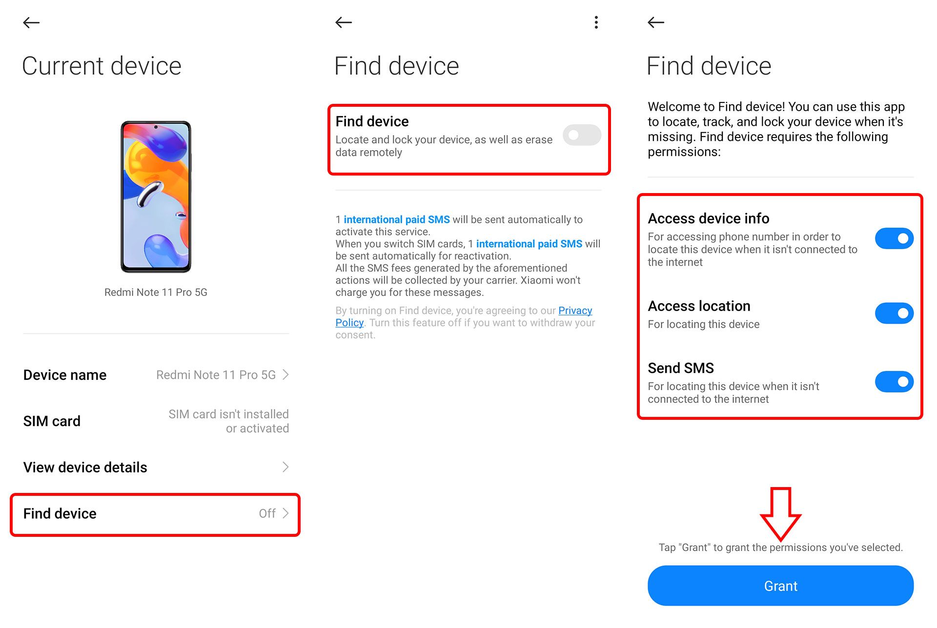 Steps to activate Find Device in MIUI user interface