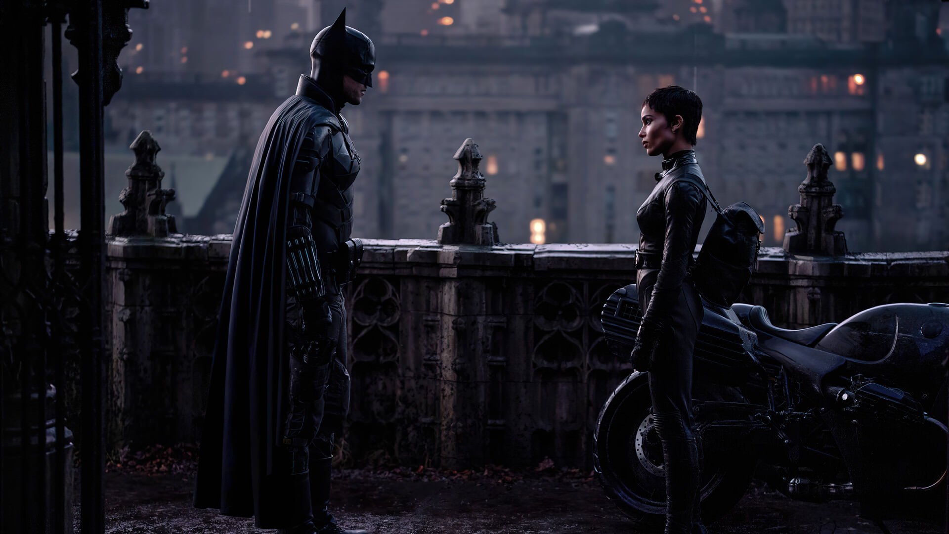 Cat and Batman meet on the balcony in Gotham in The Batman