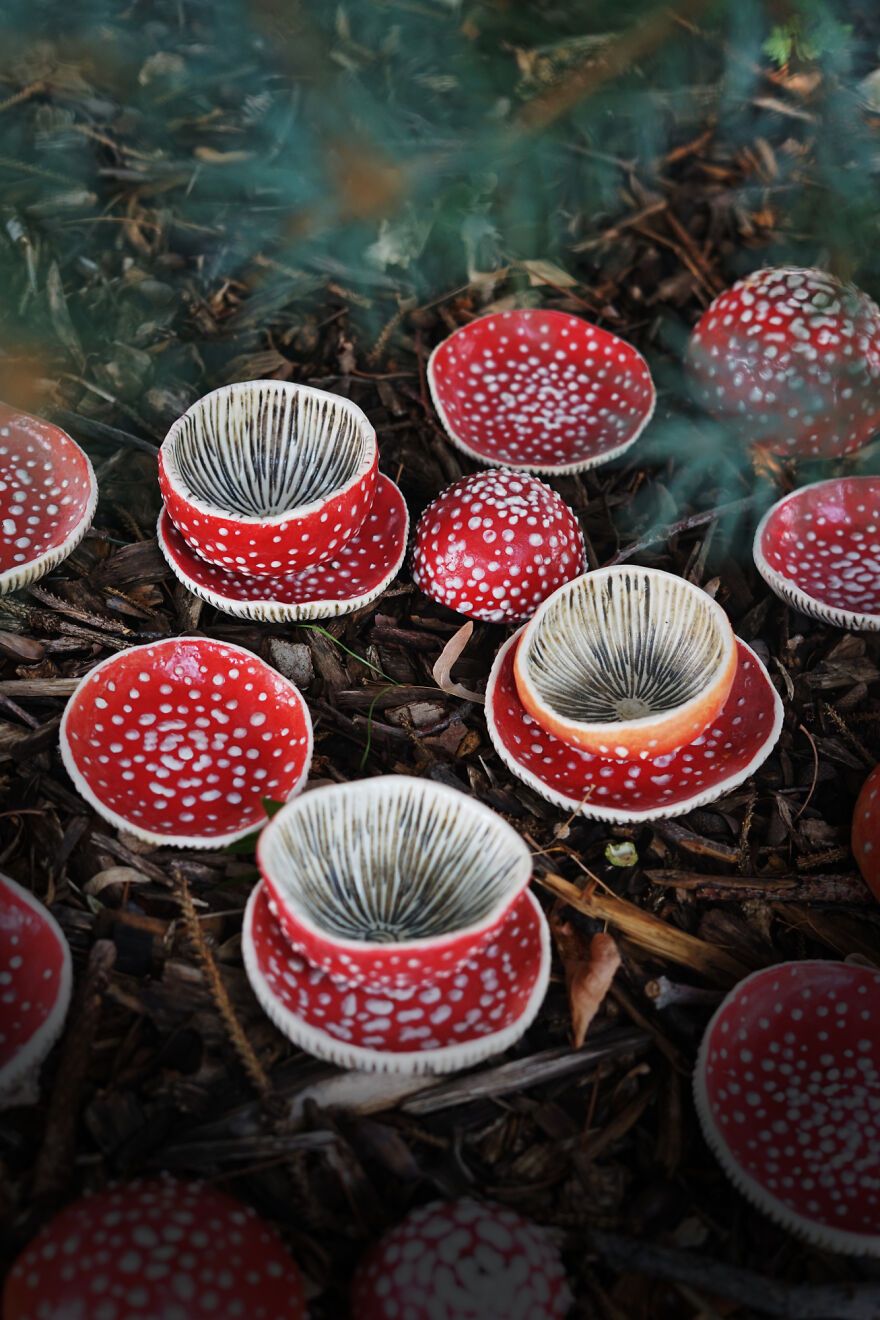 Ceramic set / cup and saucer design of wild mushroom red white spot