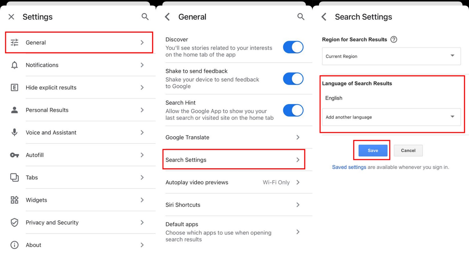 Change Google search language on iPhone