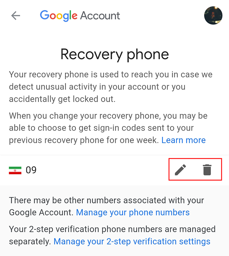 Change Recovery phone number in Google-2 settings