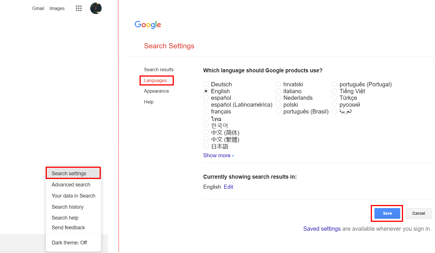 Change the Google search language in Windows