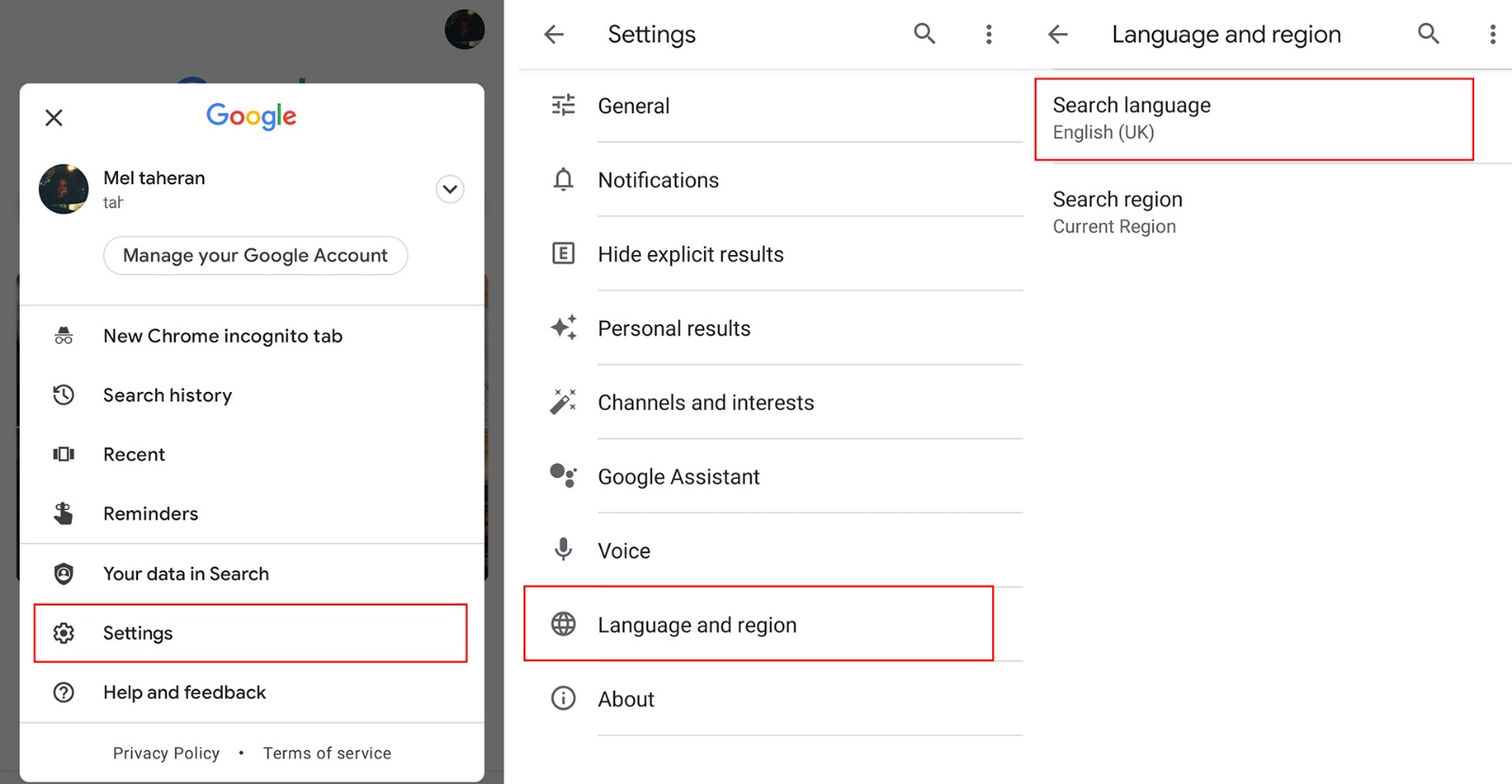 Change the language of Google search on Android
