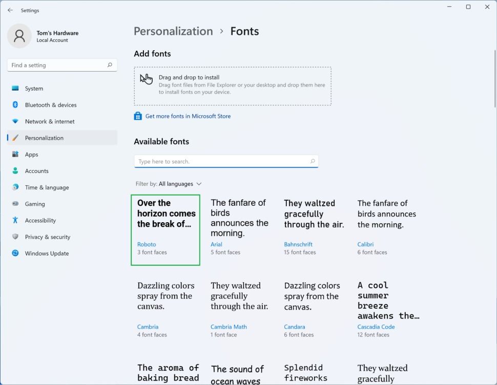 Complete the installation process of the new font through the settings menu in Windows 11