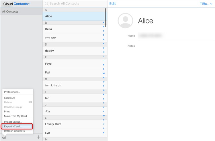 Export contacts from iCloud