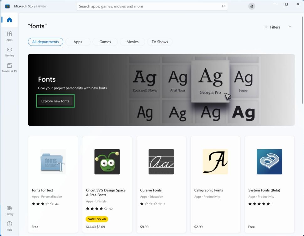 Find the Fonts section in the Microsoft Store to install new fonts in Windows 11