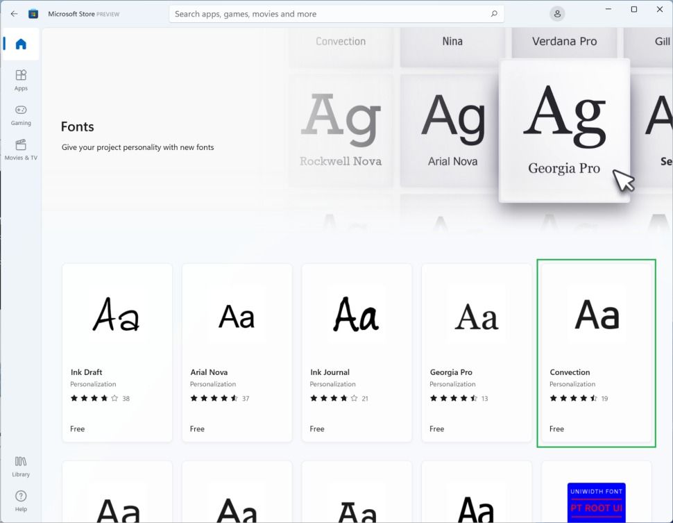 Find the Fonts section in the Microsoft Store to install new fonts in Windows 11