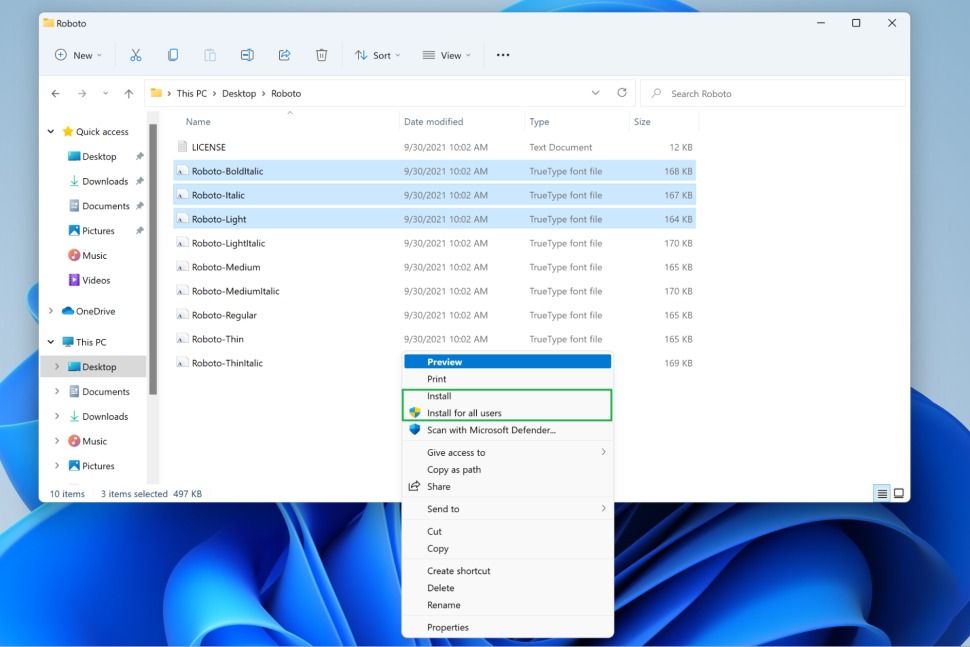 Install new fonts in the File Explorer menu