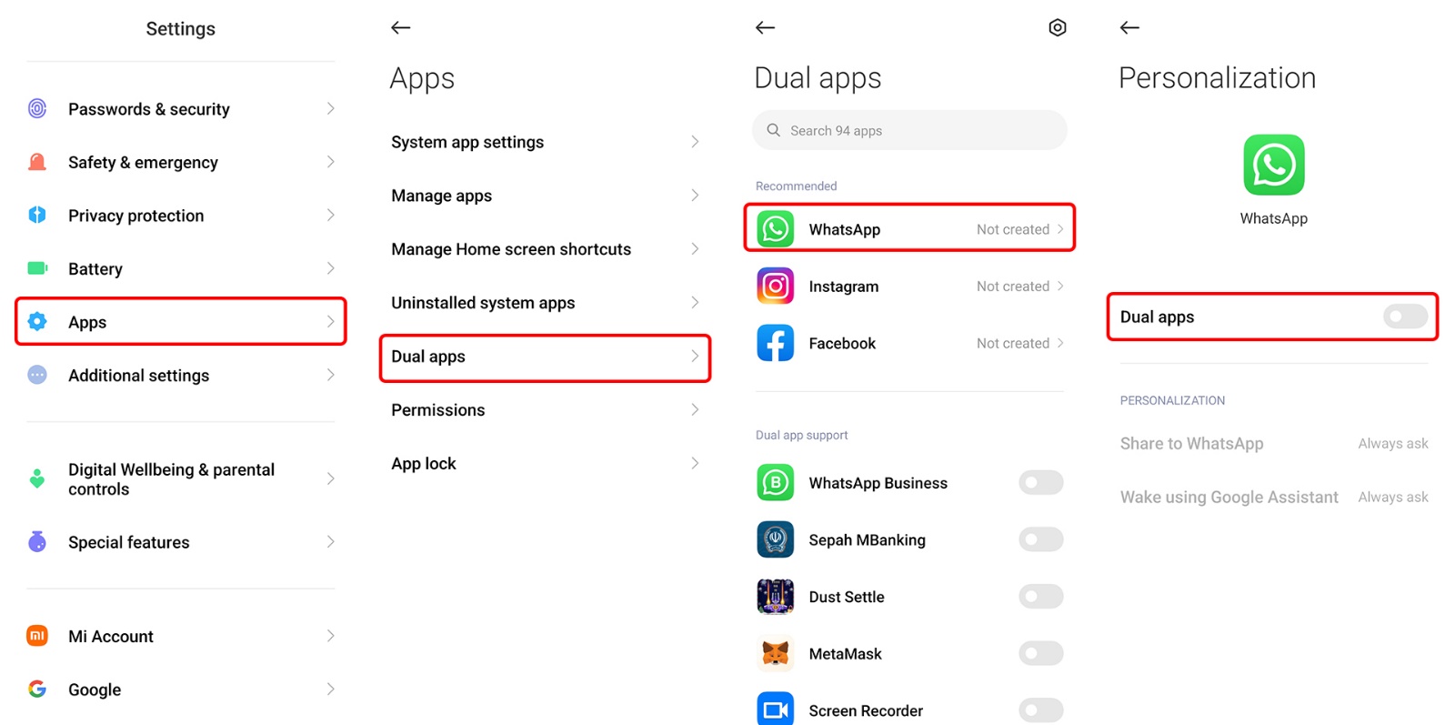 Install the second version of WhatsApp using Xiaomi Dual Apps