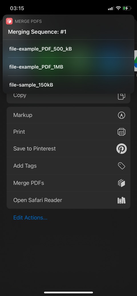 3- Merge several PDF files in iPhone PDF with Shortcuts app