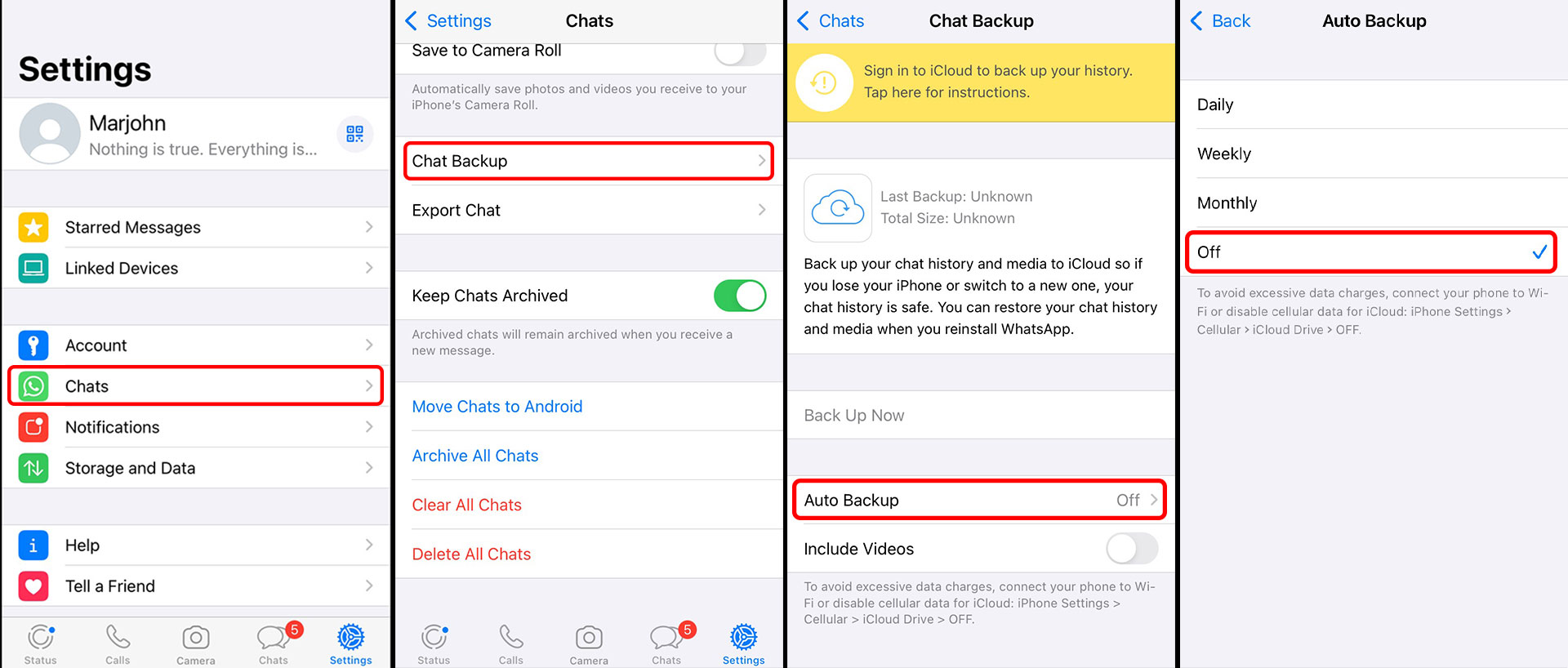 Disable WhatsApp backups