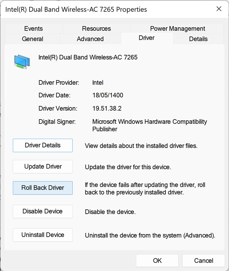Restore the driver to the previous version in Windows