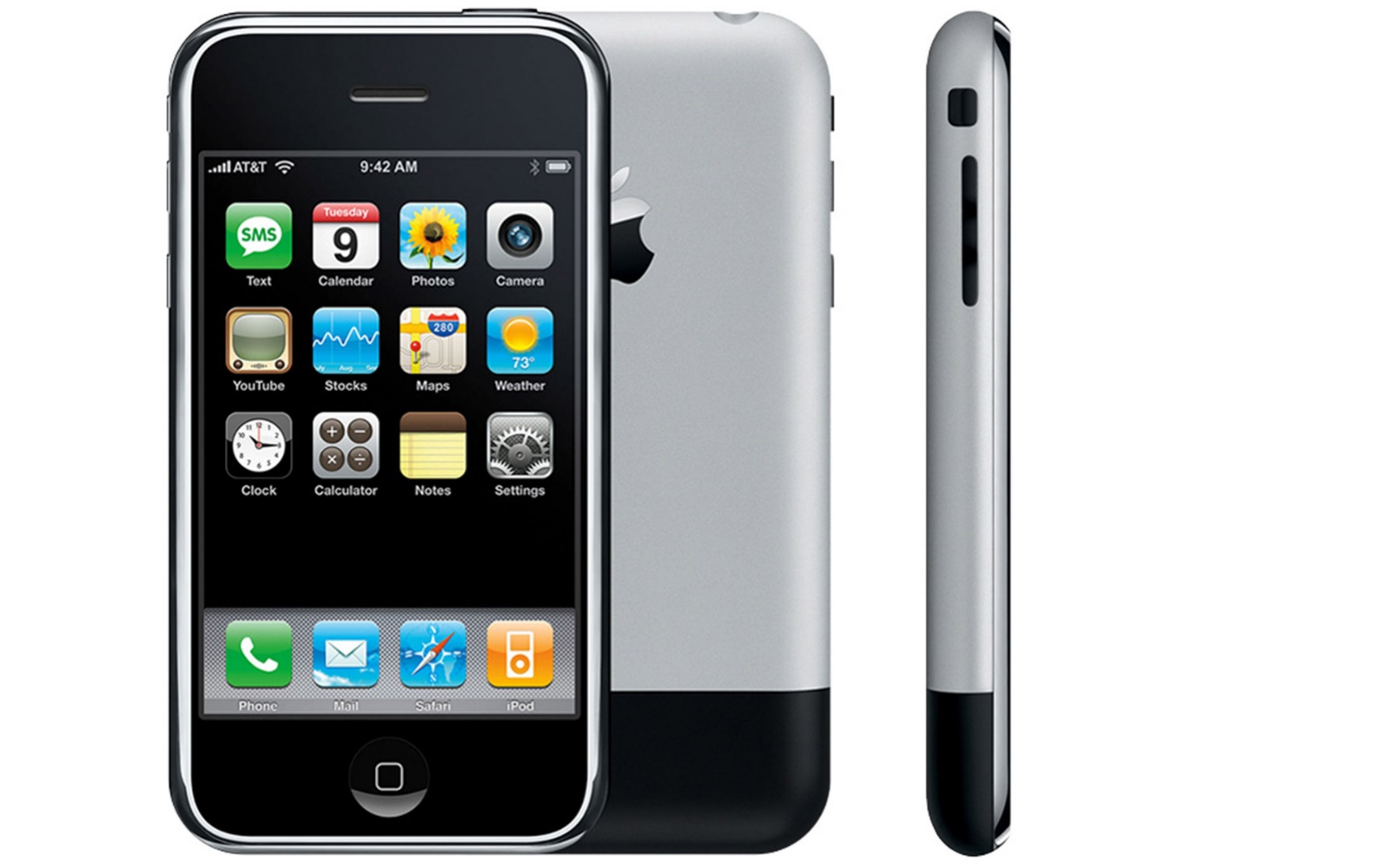 The first generation iPhone from the front view, back and side