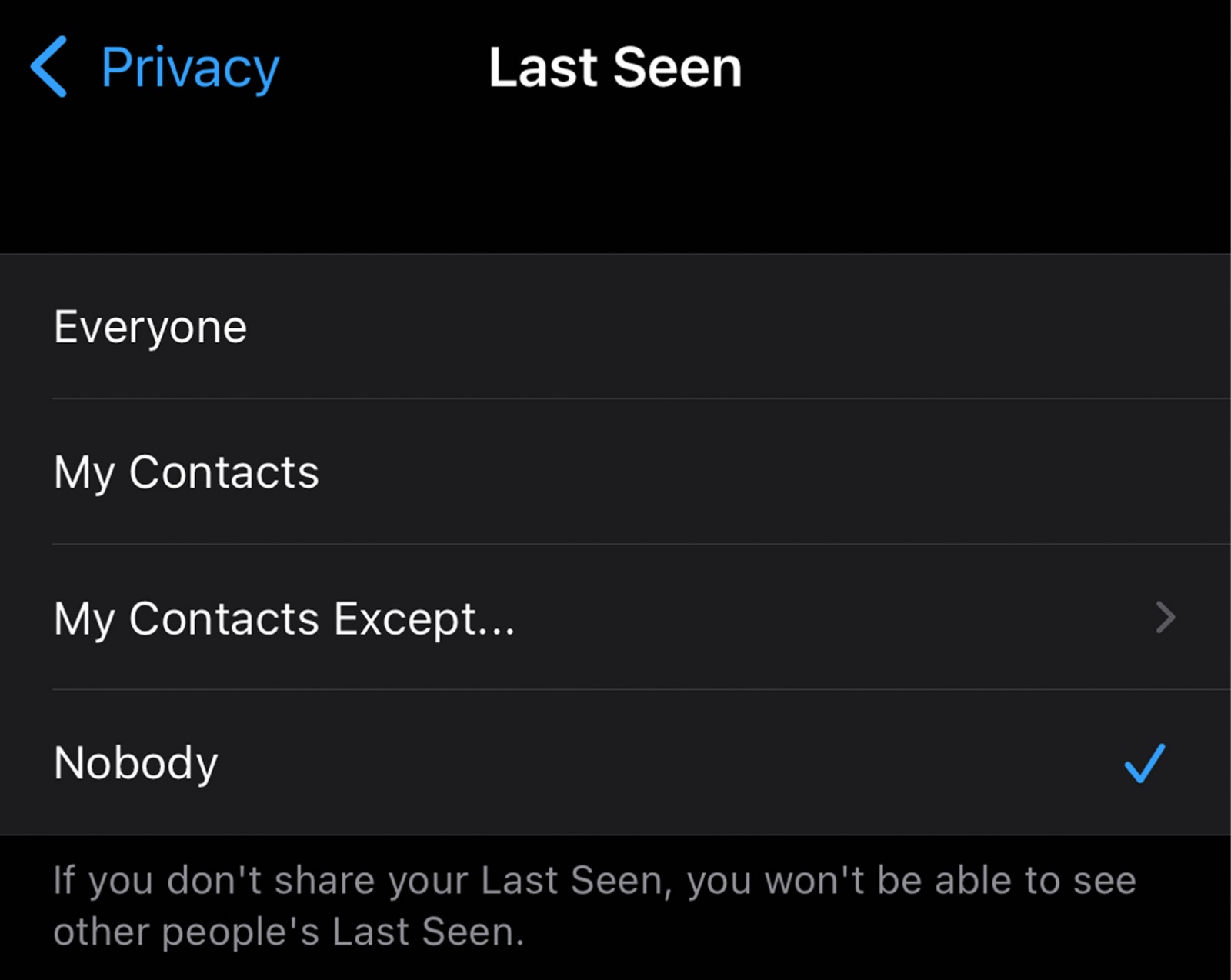 WhatsApp / WhatsApp screenshot Privacy settings Last viewed on iOS