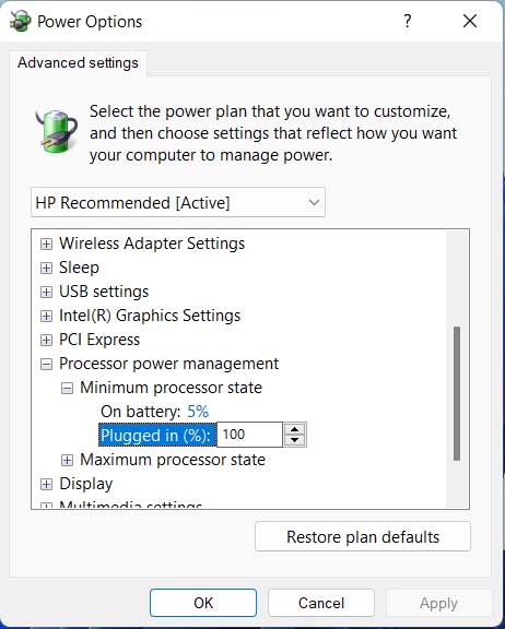 Change the minimum processor power in Windows 11