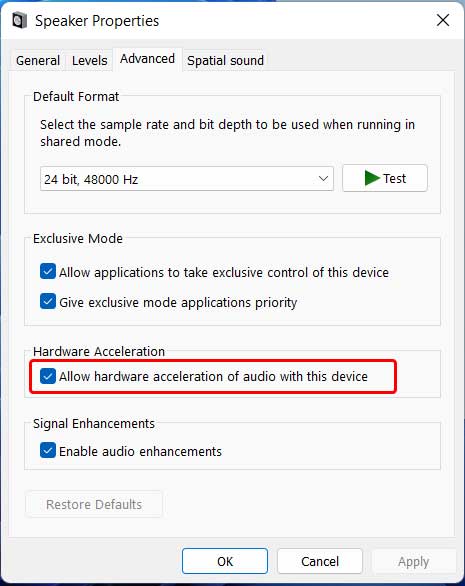 Disable audio player hardware acceleration in Windows 11