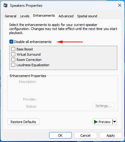 Disable sound enhancements in Windows 11