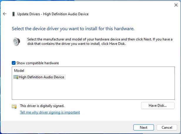 Installing the basic sound card driver in Windows 11