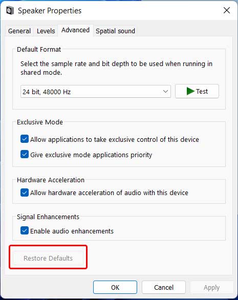Returning the speaker settings to the default mode in Windows 11
