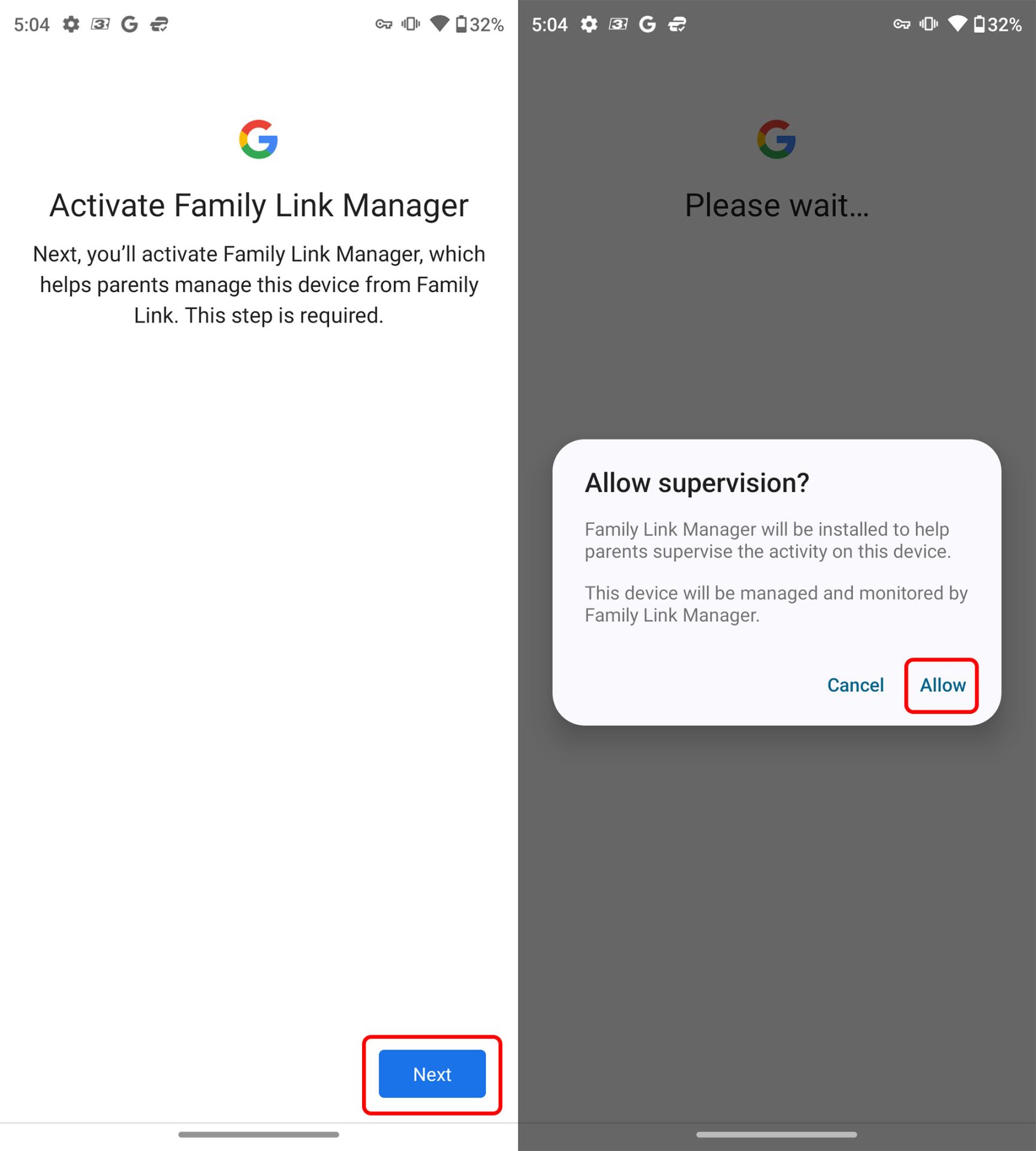 Allow device control by Google Family link