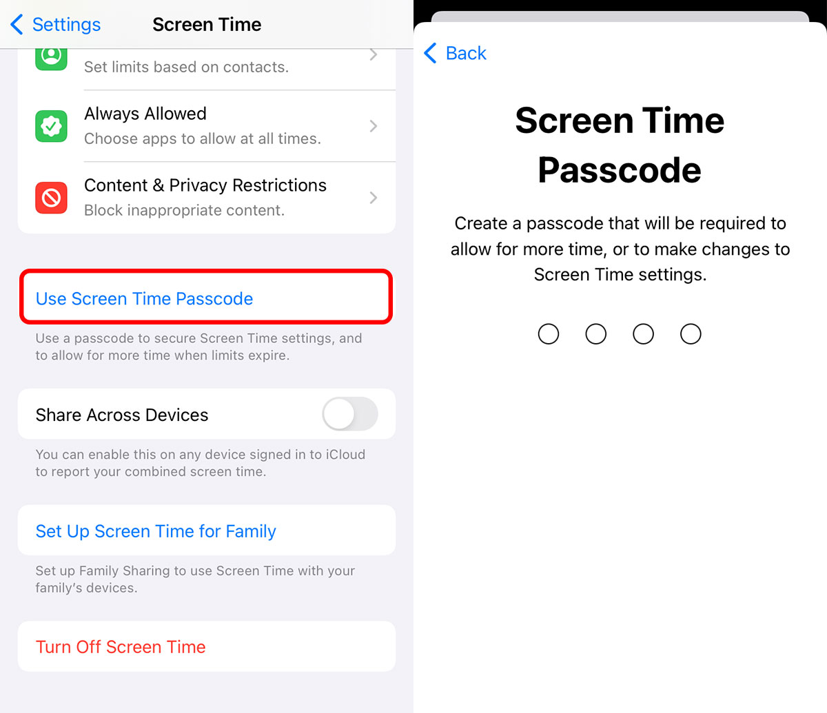 Passcode on Screen Time on iPhone