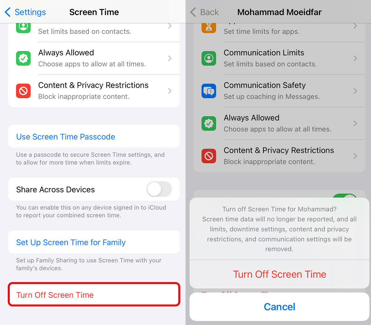 Turn off Screen Time on iPhone