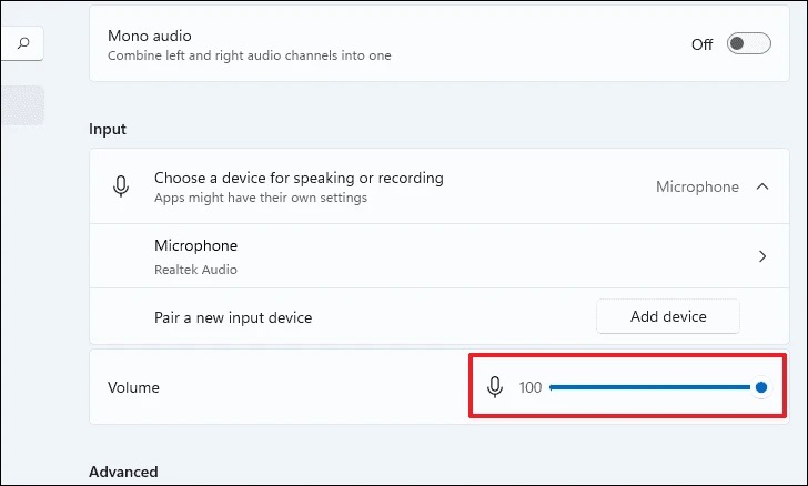 Windows 11 microphone input volume adjustment