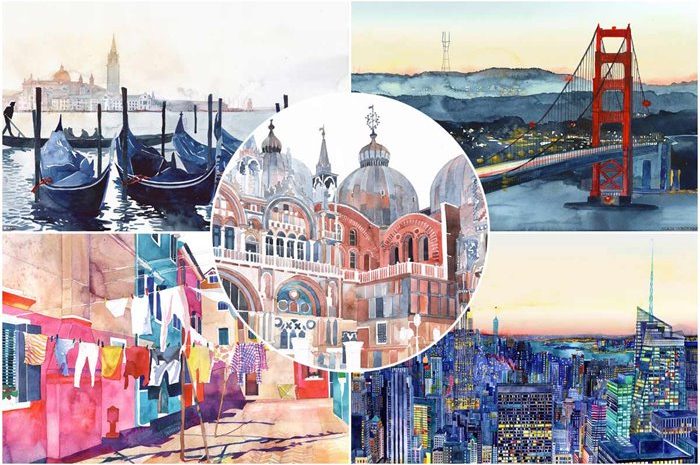 Watercolor Painting Of Architecture Of Famous Cities